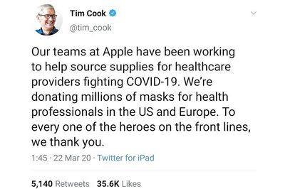 Coronavirus: Apple is Donating Millions of Masks to Hospitals in Europe And US