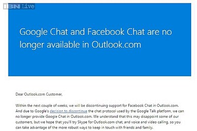 Microsoft to discontinue support for Facebook chat, Google chat from Outlook.com in coming weeks