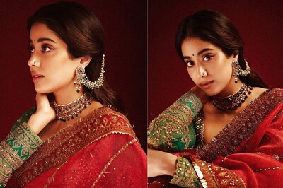 Janhvi Kapoor Is A Vintage Dream In Red Organza Saree Paired With Contrasting Blouse