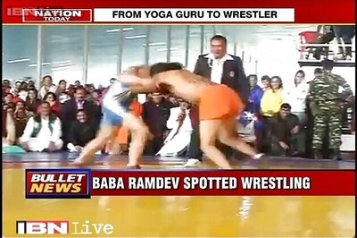 Yoga guru Ramdev displays wrestling skills