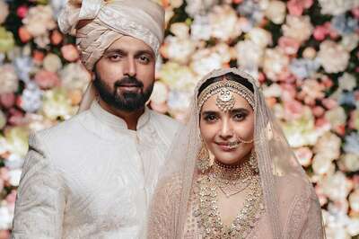 Karishma Tanna-Varun Bangera Wedding: The Actor Stuns in Falguni Shane Peacock’s Peach and Beige Resham Lehenga Set